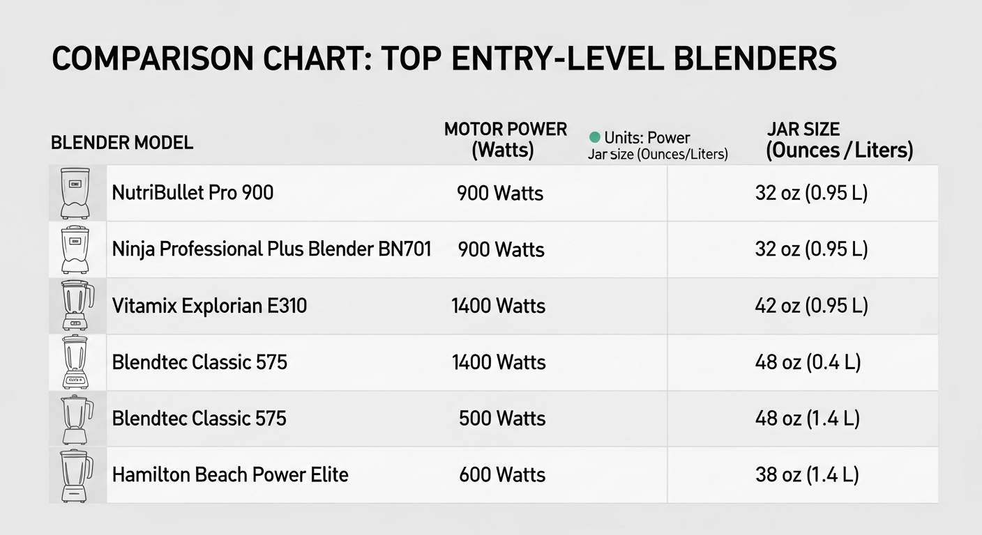 Comparison chart of top entry-level blenders showing power and jar sizes
