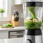 Entry-level 700W blender with auto-clean feature on kitchen counter blending green smoothie
