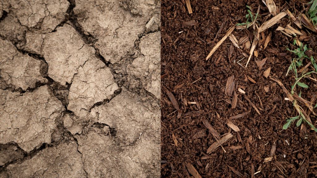 Close-up comparison showing cracked dry soil crust on left and healthy mulched soil with good structure on right