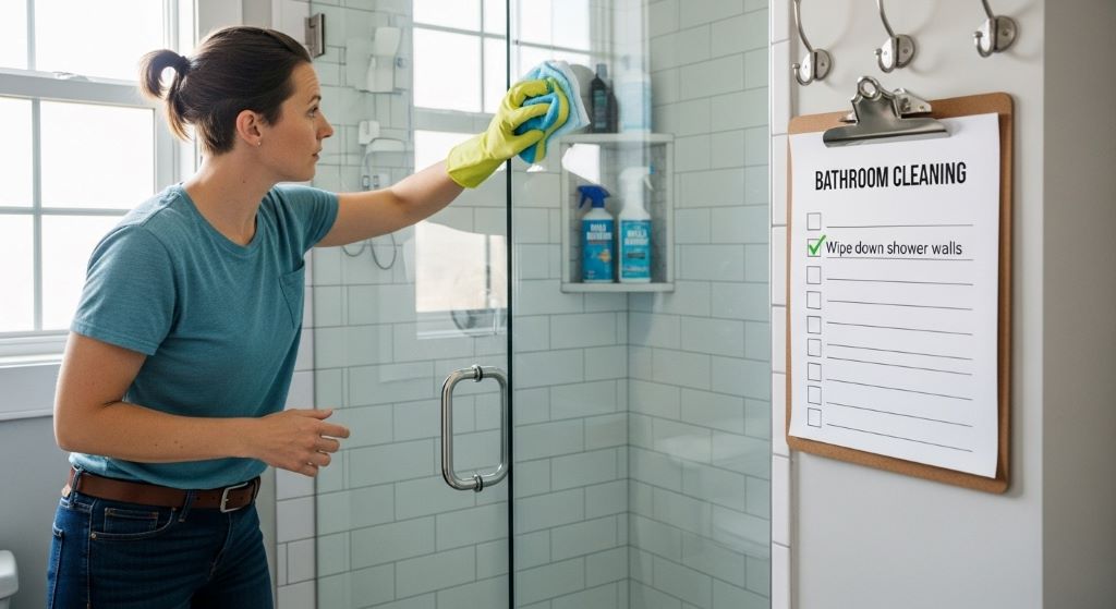 Person using bathroom cleaning checklist while wiping down shower walls to prevent mold buildup