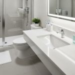 Clean bathroom with non-slip mat and organized countertop showing proper safety measures