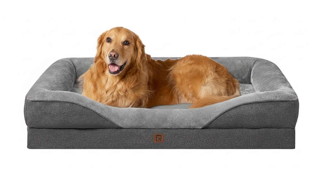 memory foam material contouring to a dog's body for joint support