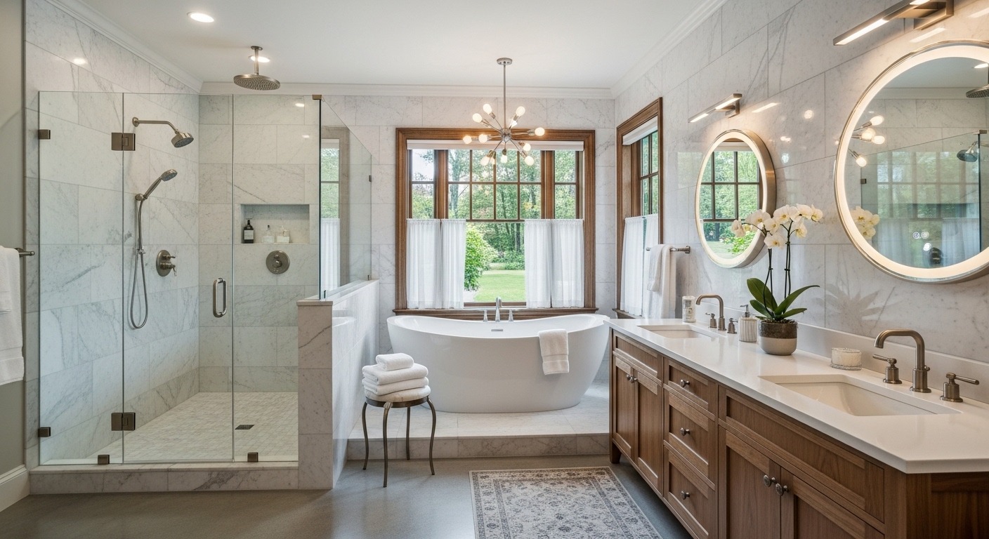 Bathroom remodel design featuring quartz countertops and LED lighting
