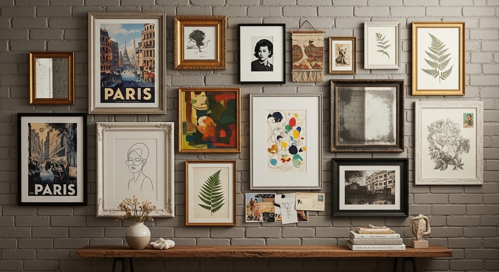 modern living room gallery wall arrangement with mixed frame sizes and artwork styles