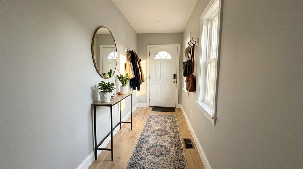 narrow hallway transformation using wall hooks lighting and console table