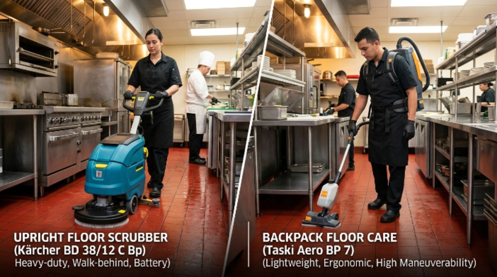 Side-by-side comparison of upright and backpack industrial cleaning tools for restaurant floor care