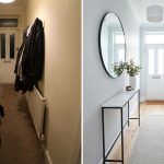 before and after small hallway entryway makeover with mirror and storage bench