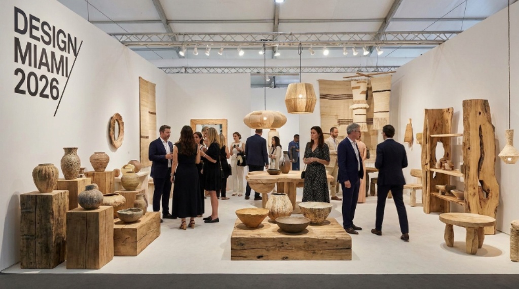 Gallery booth at Design Miami 2026 featuring handcrafted ceramic vessels and sculptural design pieces