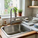 Compact kitchen sink with a small dish rack and clean plates.