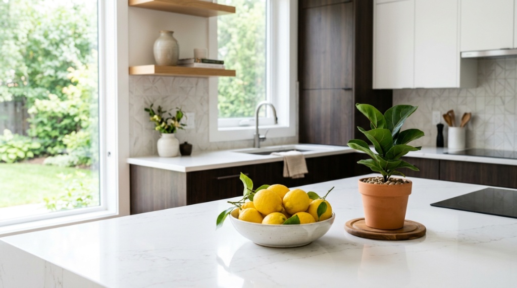 A pristine, sparkling clean white kitchen counter with a bowl of lemons.