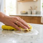 A split view of a stained and perfectly clean white kitchen countertop.