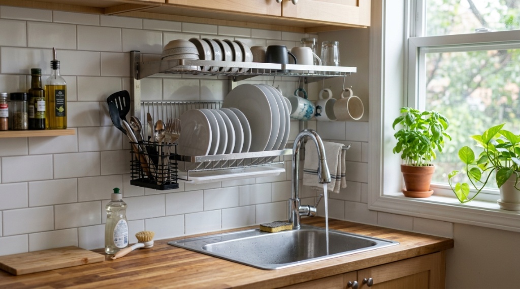Person washing a pan in a small apartment kitchen sink.