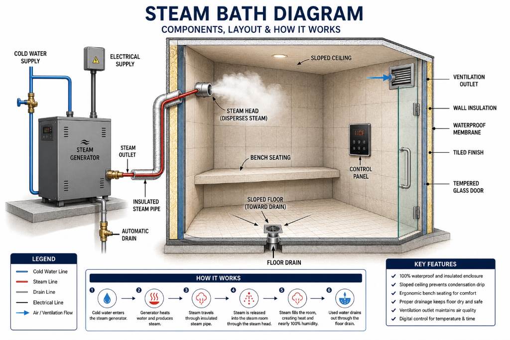 Steam bath system installation diagram with plumbing connections