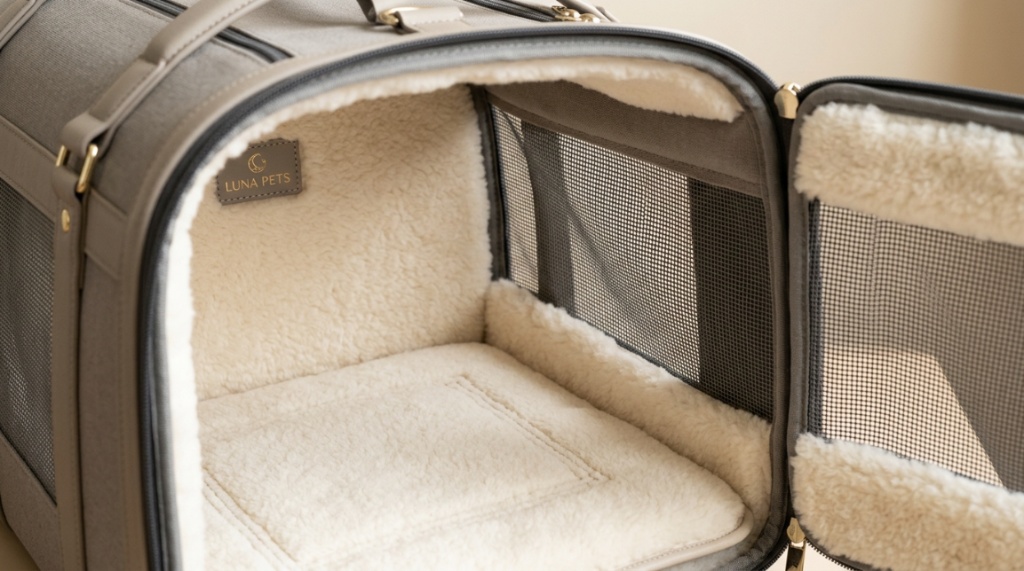 Close-up of soft plush interior cushioning inside a high-end pet carrier.