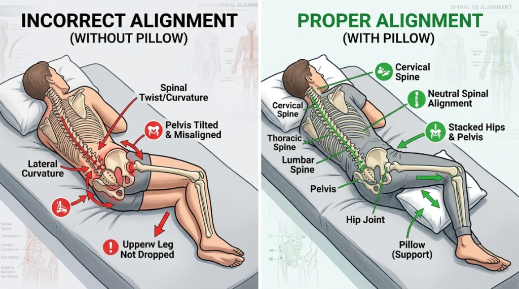 Diagram showing proper spinal and hip alignment using a knee pillow.