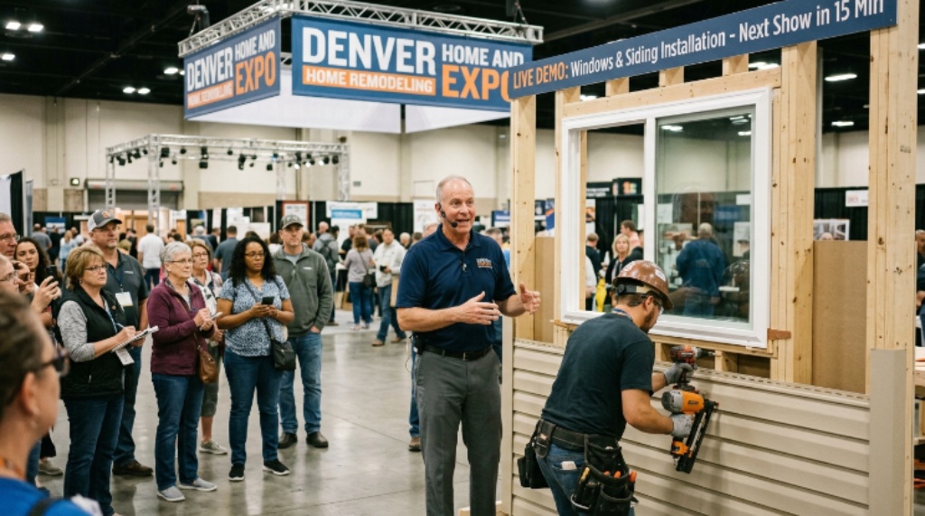 Live product demonstration at the Denver Home and Remodeling Expo showing windows and siding installation