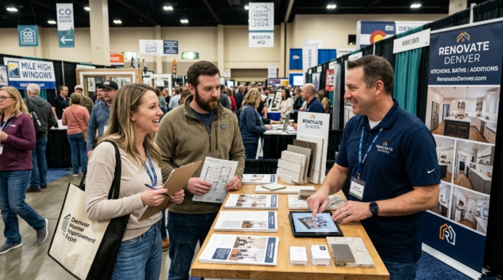 Homeowners speaking with a remodeling contractor at a home improvement expo booth in Denver