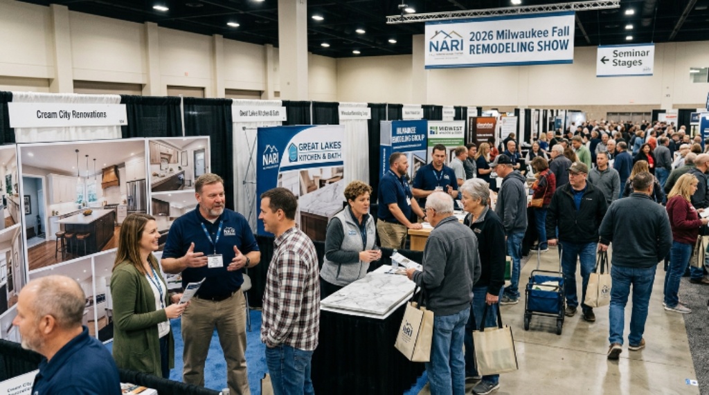 Crowd of attendees speaking with home improvement contractors at the 2026 NARI Milwaukee Fall Remodeling Show