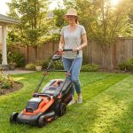 Person mowing a green lawn using a black and decker cordless mower.