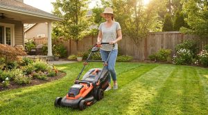 Person mowing a green lawn using a black and decker cordless mower.