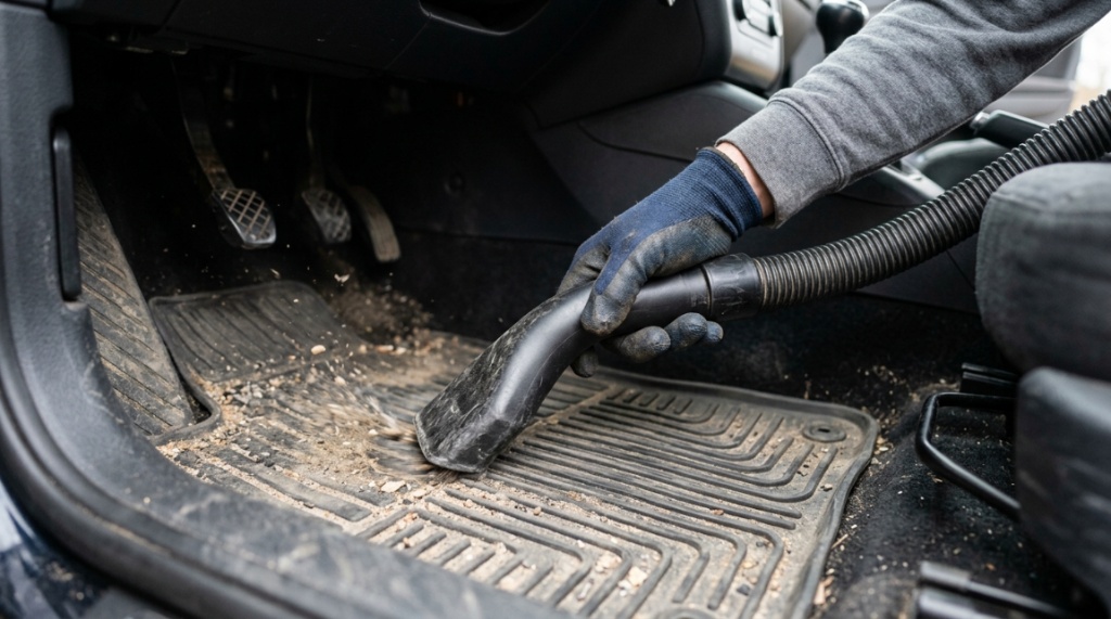 Man using a small Craftsman shop vacuum to clean a car interior.