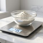 Sleek digital Etekcity food scale measuring flour in a bowl on a modern kitchen counter.