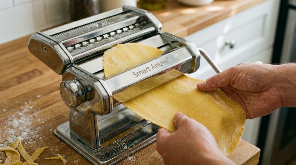 Home chef feeding fresh dough into a pasta attachment.