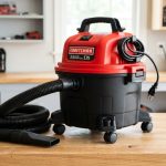 Red and black Craftsman 2.5 gallon shop vacuum on a workbench.