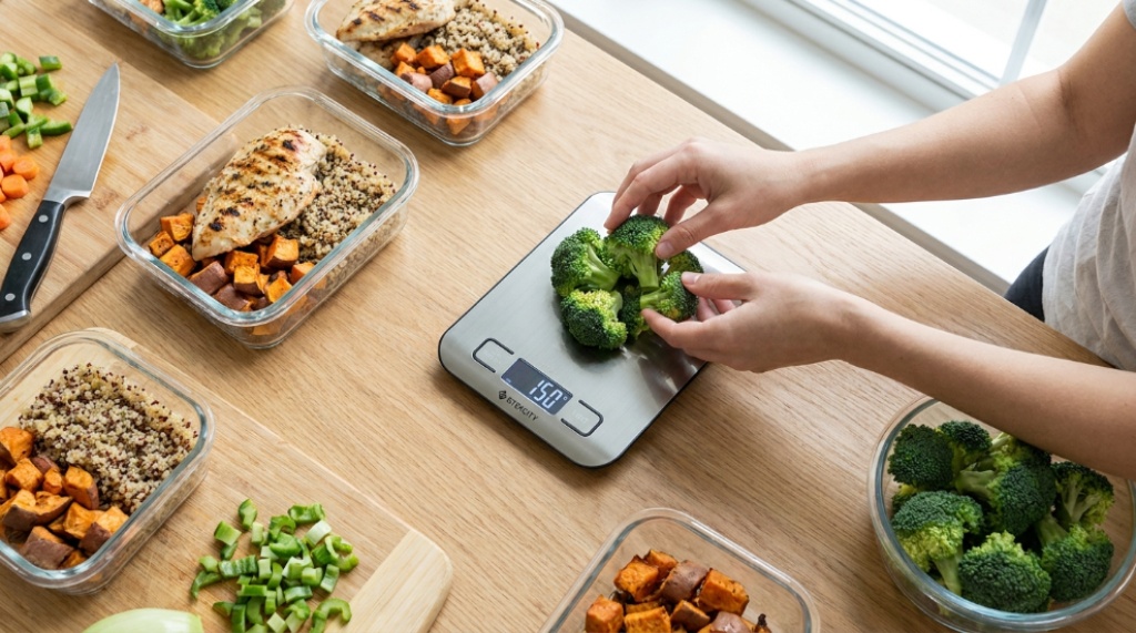Close-up of hands weighing fresh vegetables on a compact digital kitchen scale.
