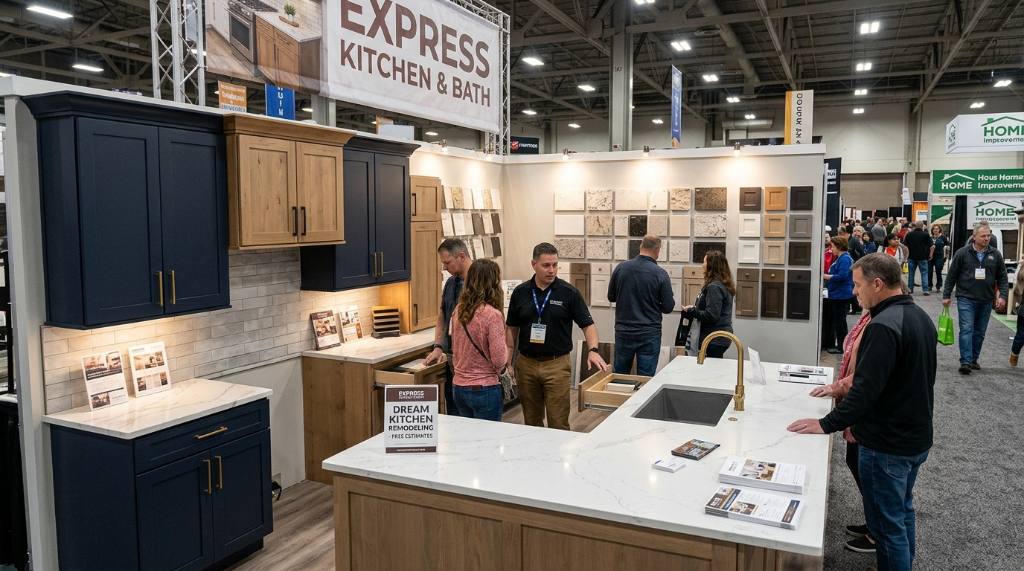 Kitchen remodeling display with cabinets and countertops at a home expo