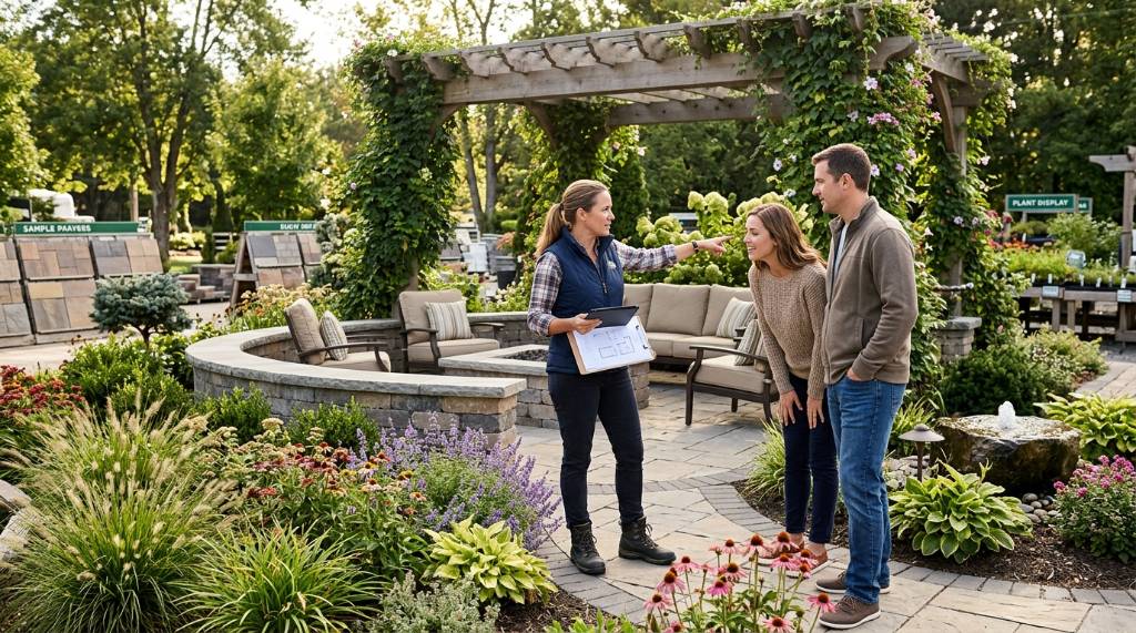 Landscape designer showing a patio and garden display to homeowners