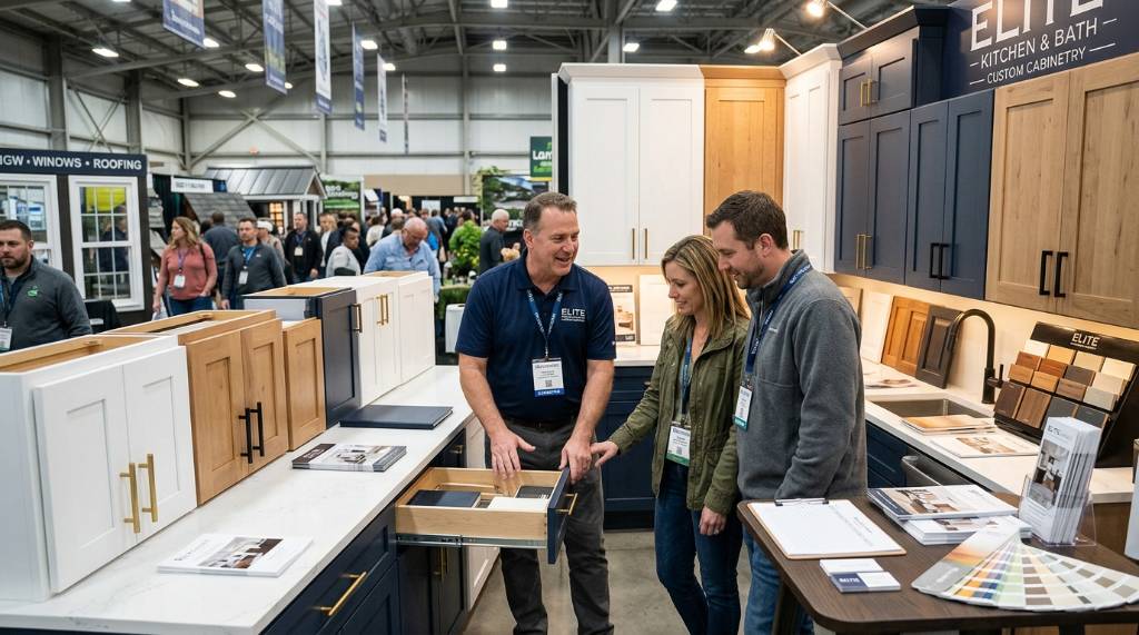 Contractor demonstrating kitchen cabinet samples at a home improvement show