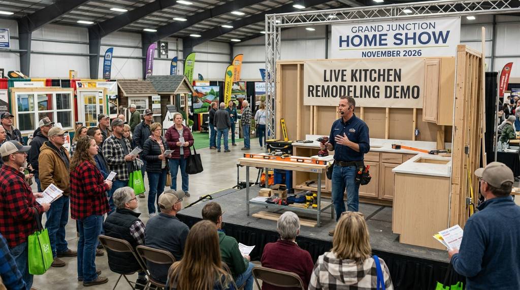 A contractor giving a live kitchen remodeling demonstration at the Grand Junction Home Show in November 2026