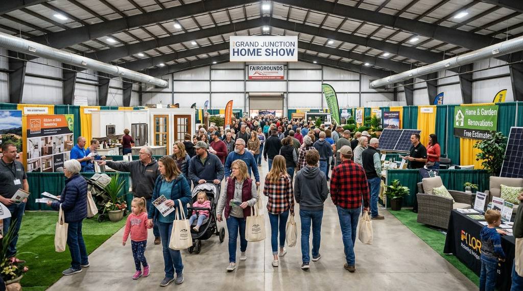 Families walking through indoor exhibition halls at the Grand Junction Home Show at Mesa County Fairgrounds